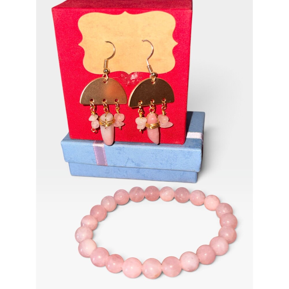 Pink Rose Quartz Beaded Bracelet & Dangle Earrings Set Gold Tone Handmade